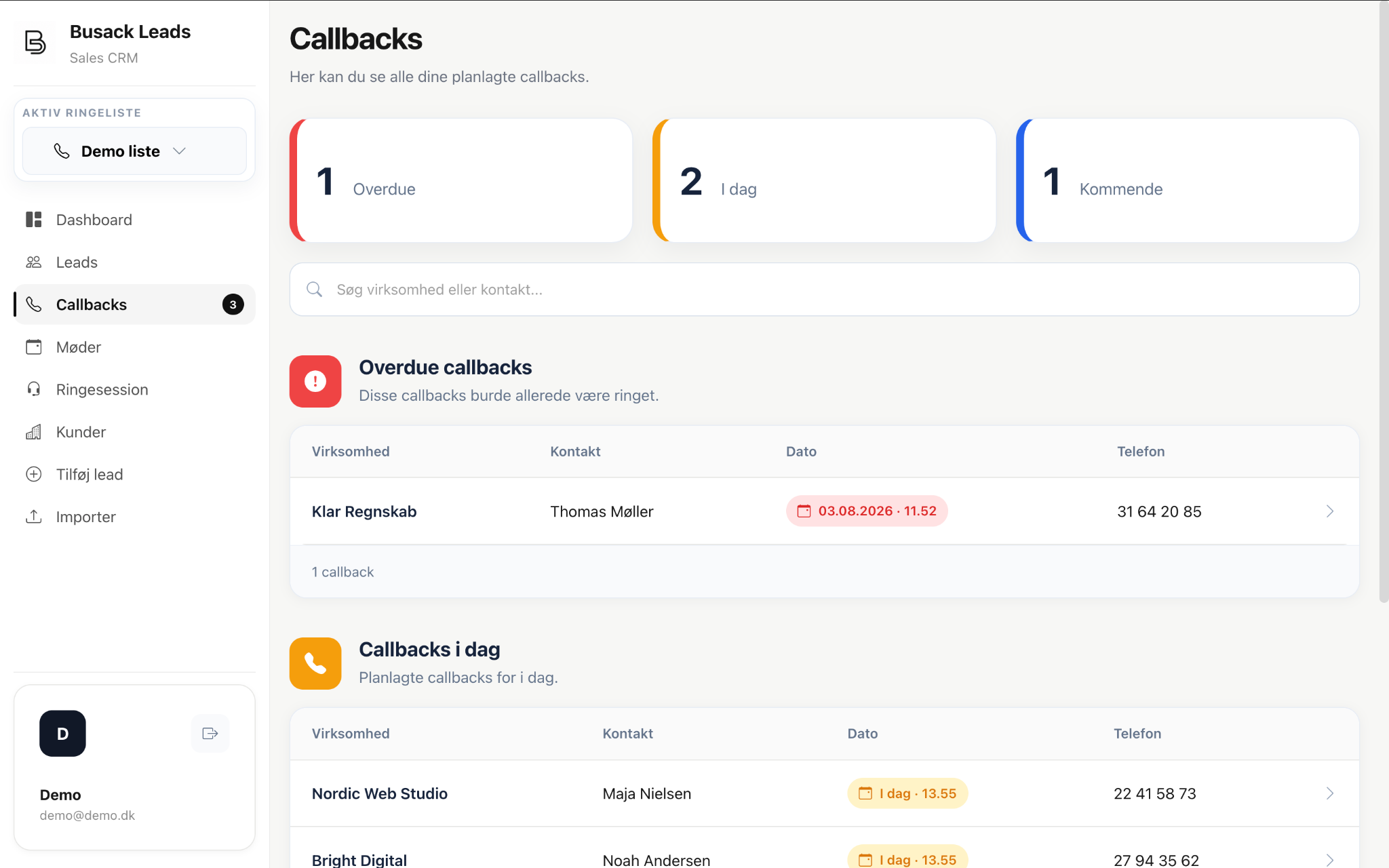 Callbacks og opfølgninger i BusackLeads